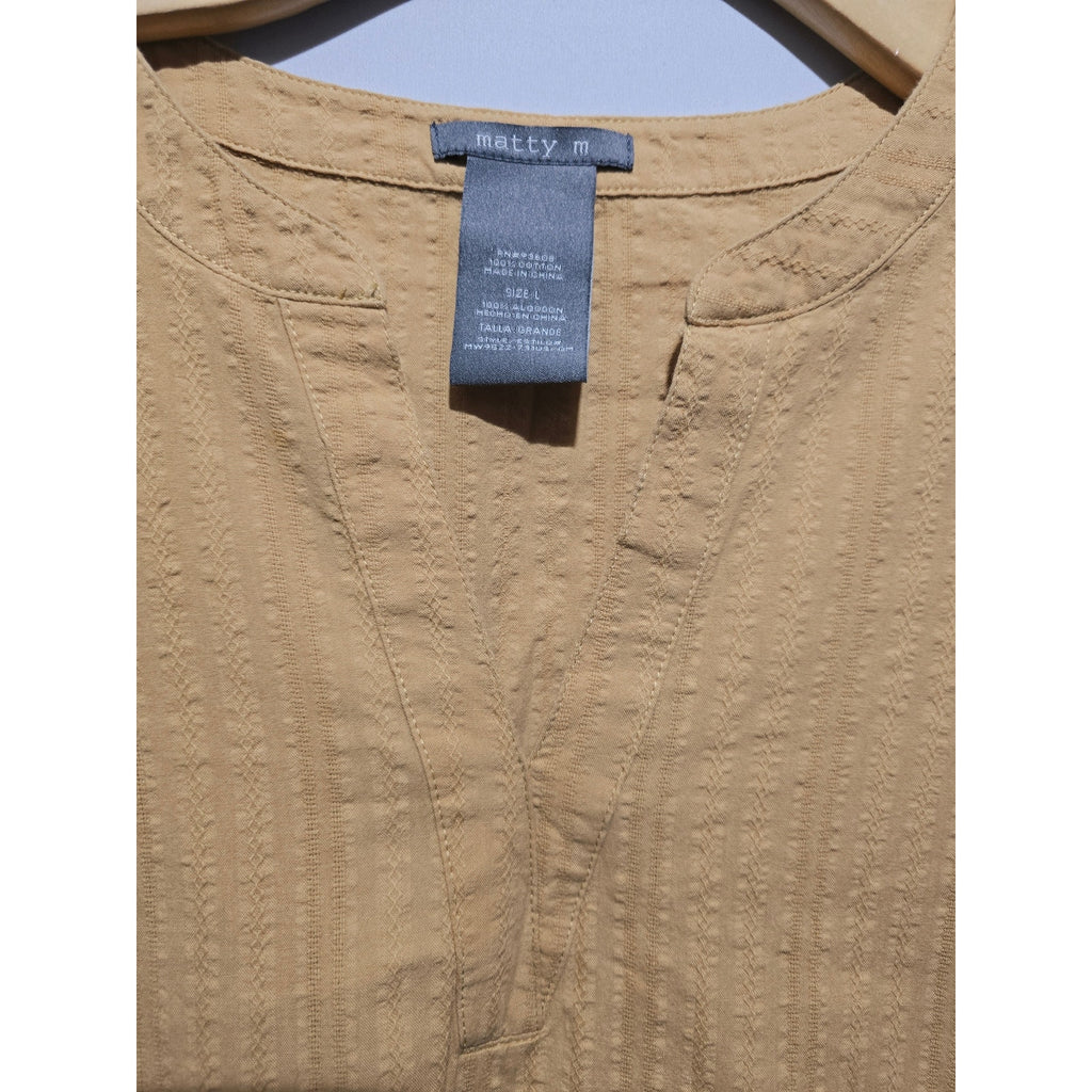 Matty M Women's Large Tan Textured 100% Cotton Split V-Neck Blouse Top
