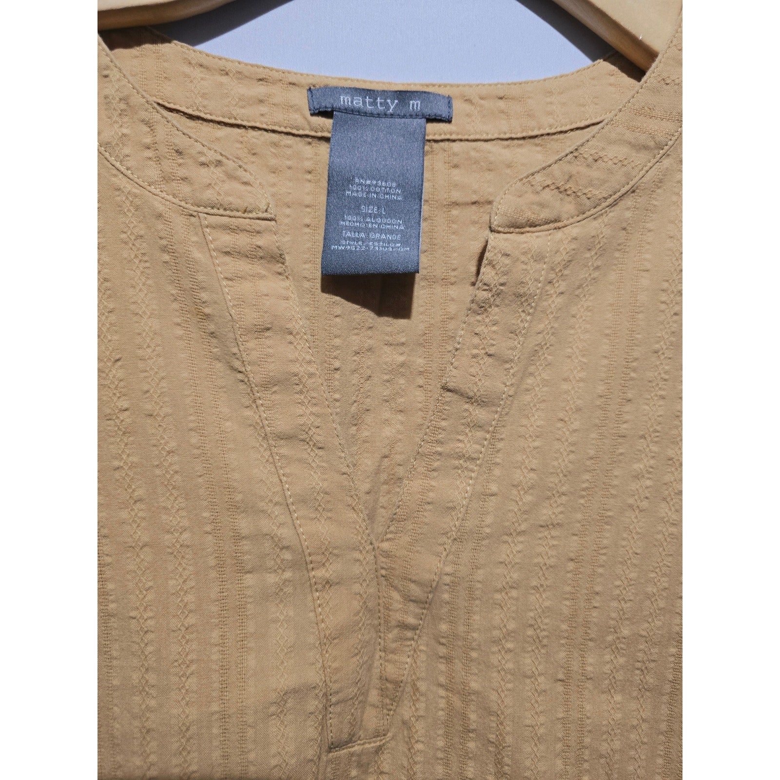 Matty M Women's Large Tan Textured 100% Cotton Split V-Neck Blouse Top