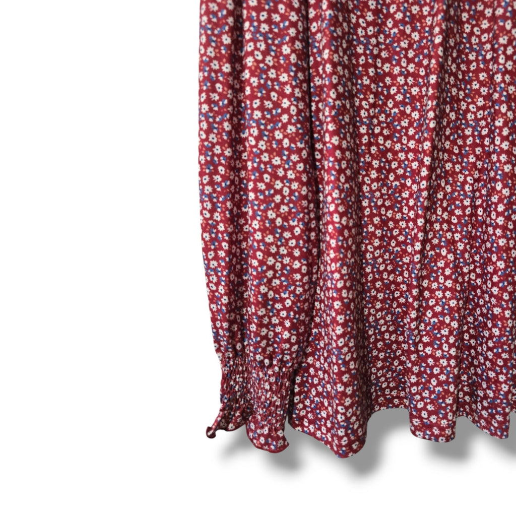 Lomon Women’s Burgundy Floral Long Sleeve Boho Blouse – Large