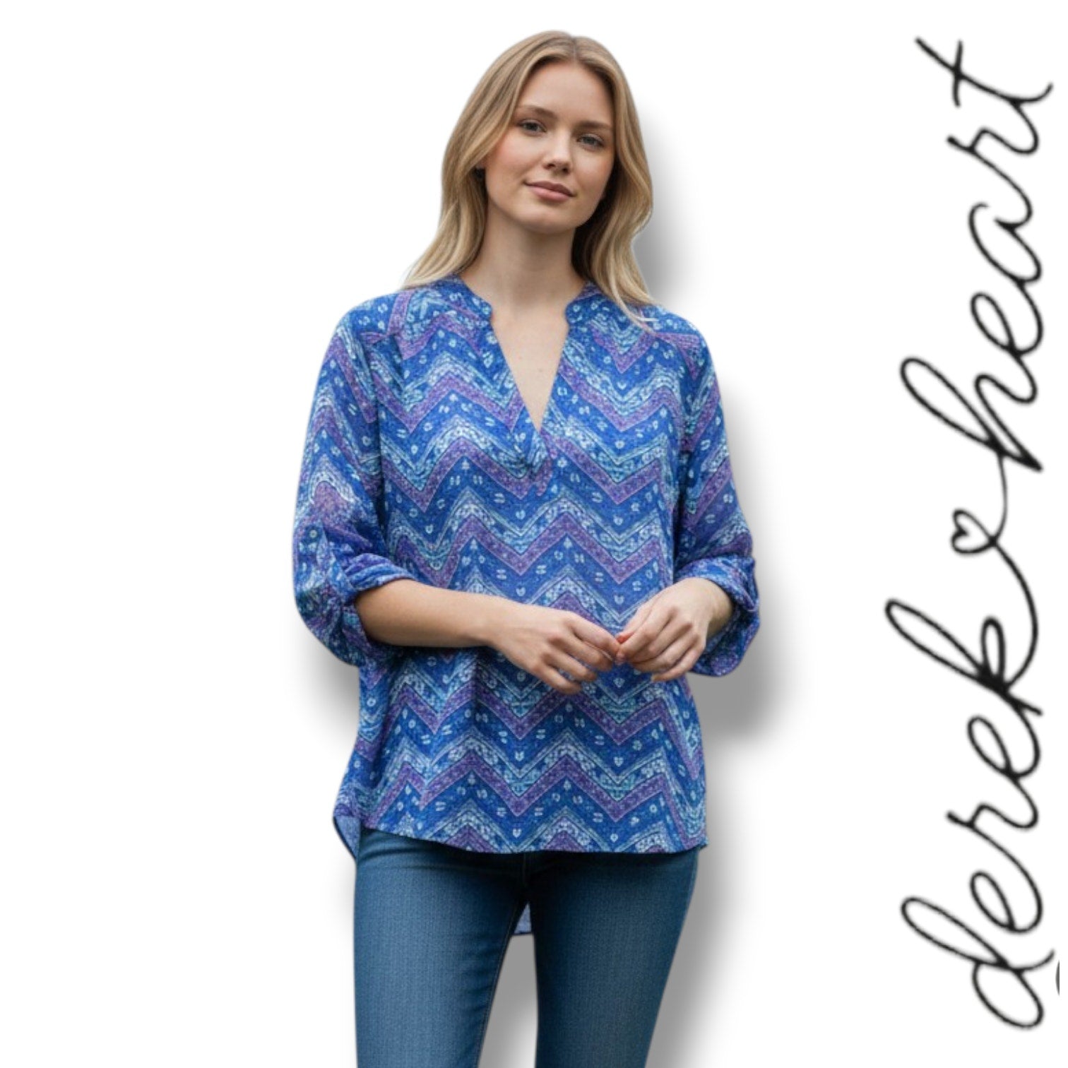 Derek Heart Women’s Medium Blue Chevron V-Neck Semi Sheer Long Sleeve Blouse