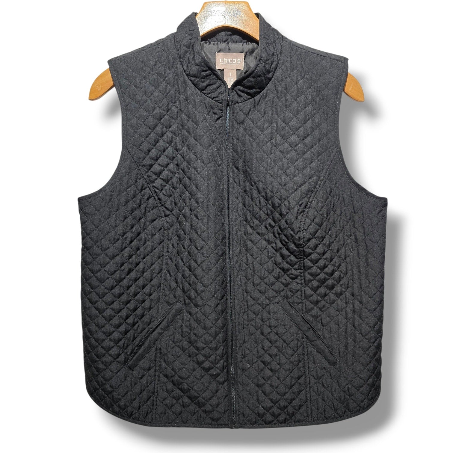 Chico's Women's Size 1 (Medium / US 8) Black Diamond Quilted Zip Vest