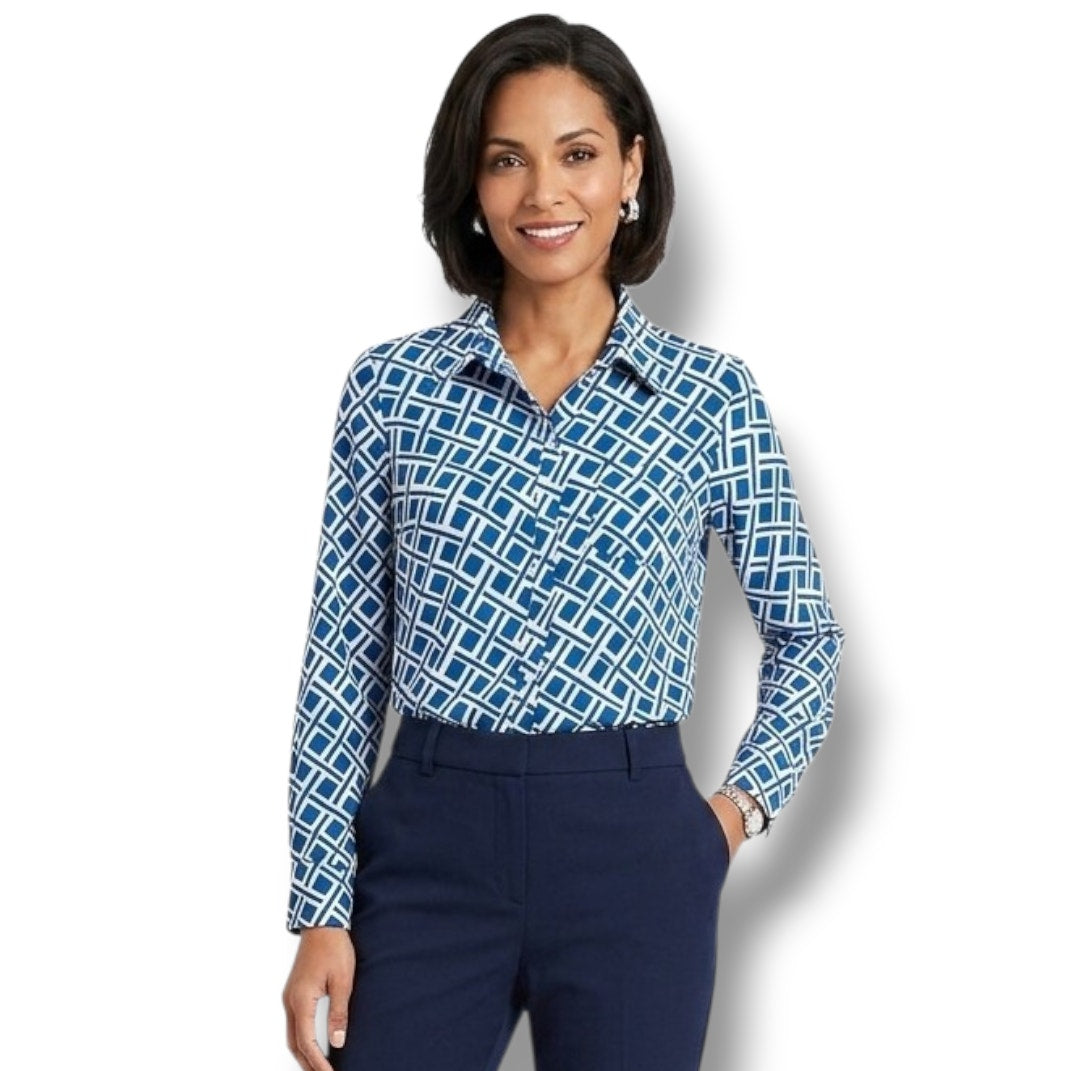 Merona Women’s Blue White Geometric Button-Down Blouse - XS