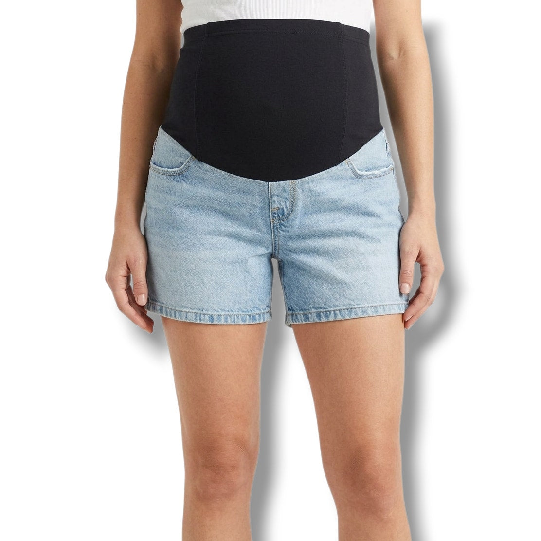 Isabel Maternity by Ingrid & Isabel Blue Denim Crossover Panel Midi Shorts – NWT