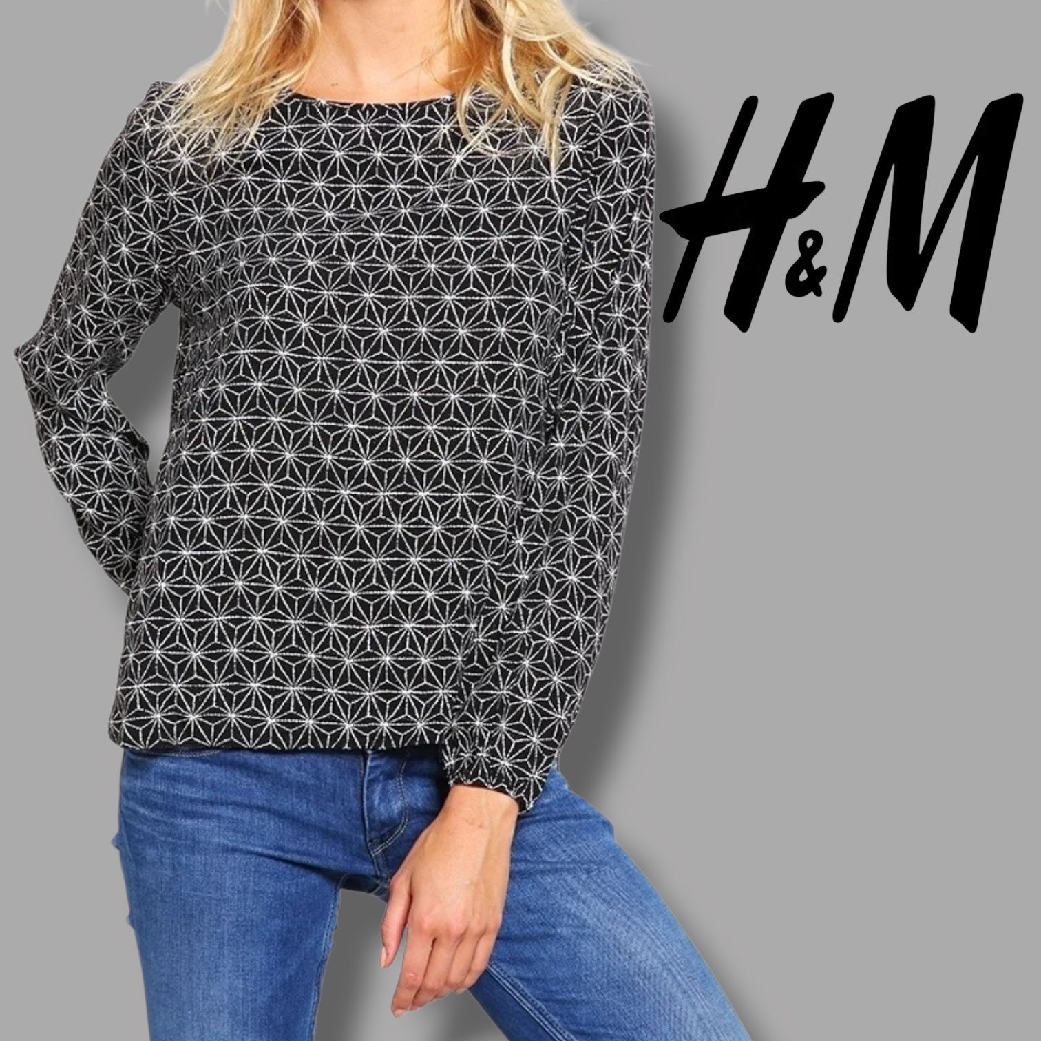 H&M Women’s Black Star Print long sleeve button back Blouse - sz 2