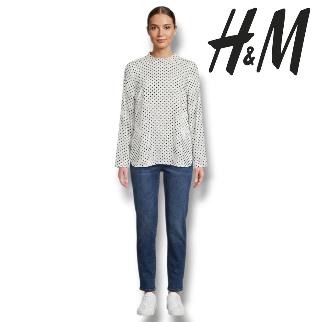 H&M Women’s White Black Polka Dot Mock Neck Long Sleeve Blouse Size 2