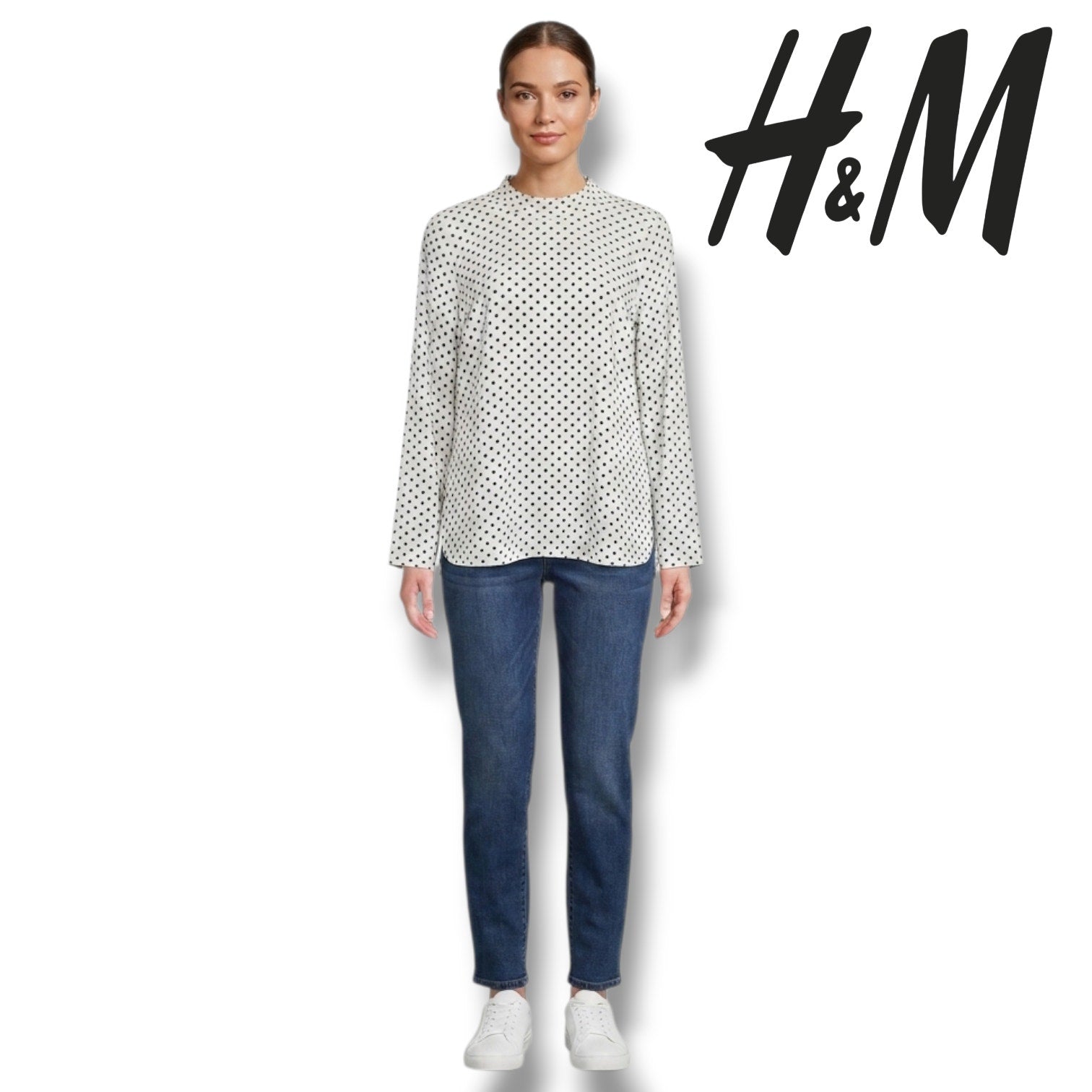H&M Women’s White Black Polka Dot Mock Neck Long Sleeve Blouse Size 2