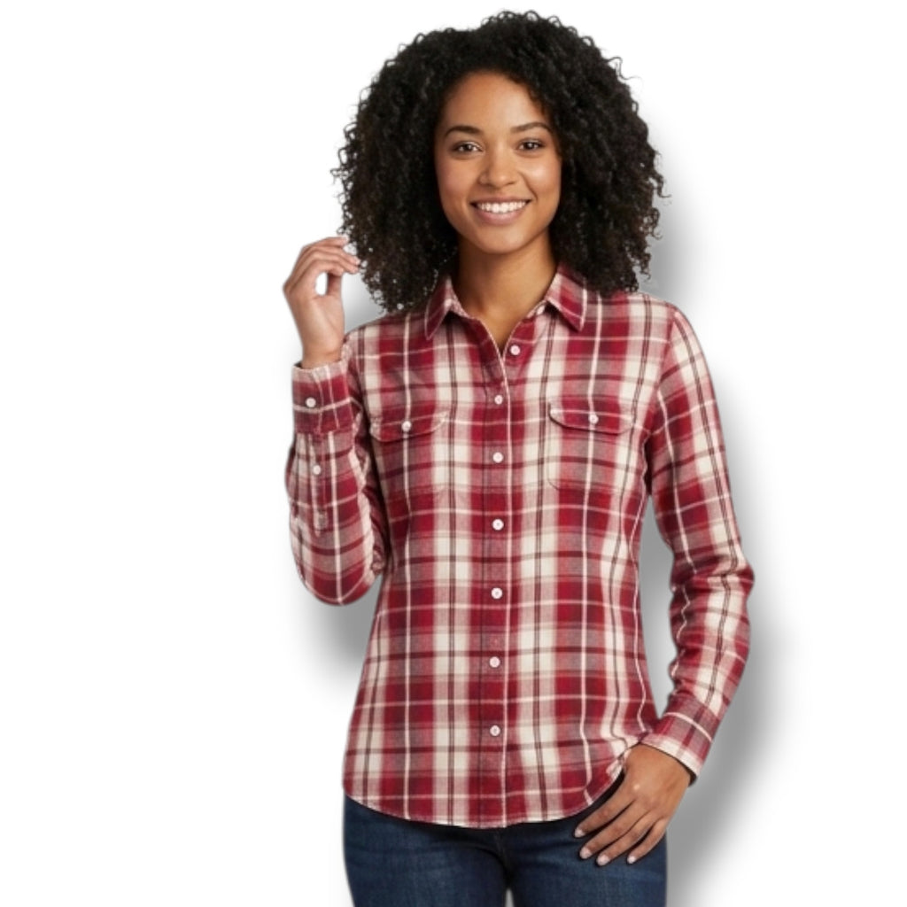 Weekends Women's Size M Red White Plaid Roll-Tab Button Down Shirt