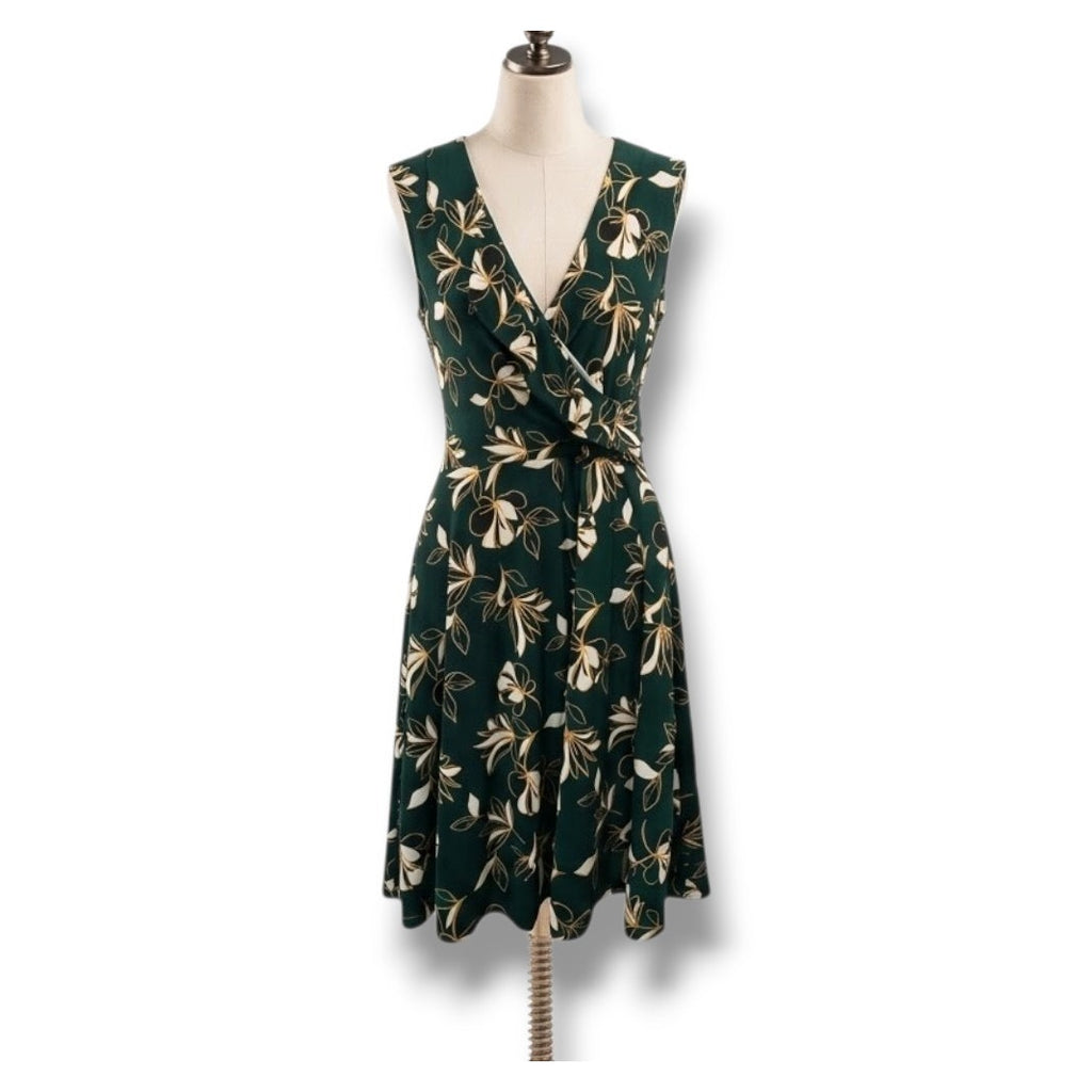 Leota Women’s Green Floral Sleeveless Faux Wrap Dress – Petite Medium