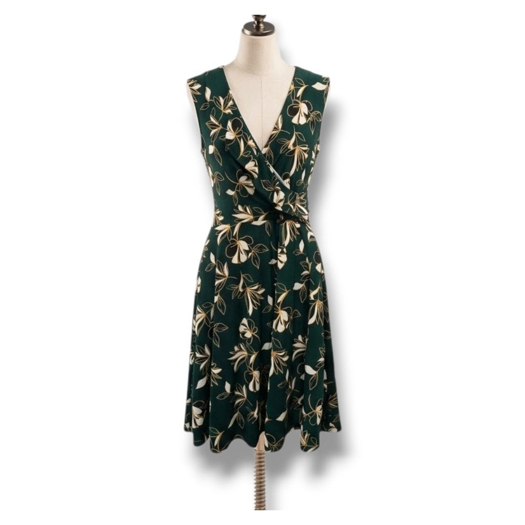 Leota Women’s Green Floral Sleeveless Faux Wrap Dress – Petite Medium