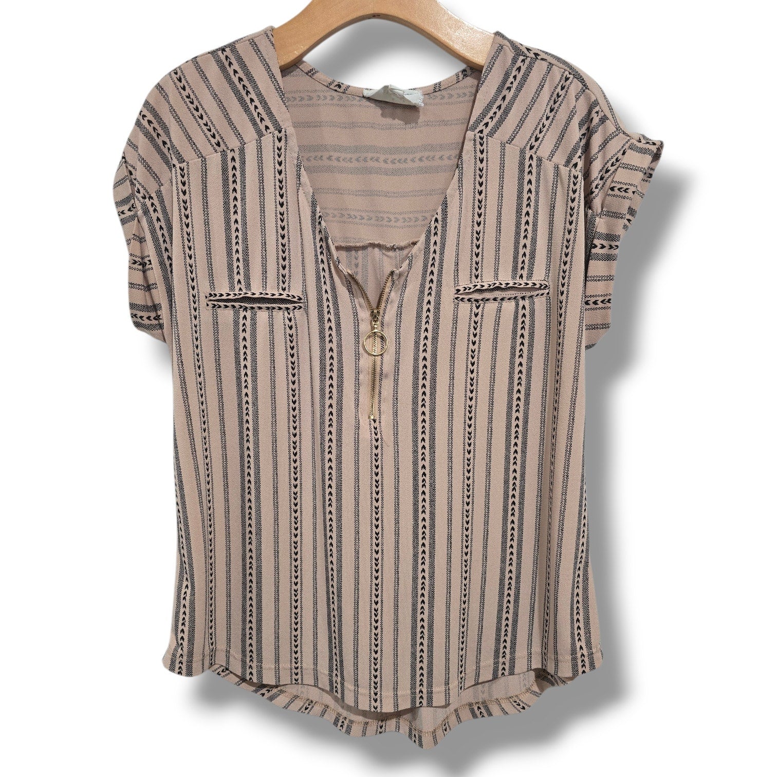 Flower & Feather Striped Aztec O-Ring Quarter Zip Blouse MEDIUM
