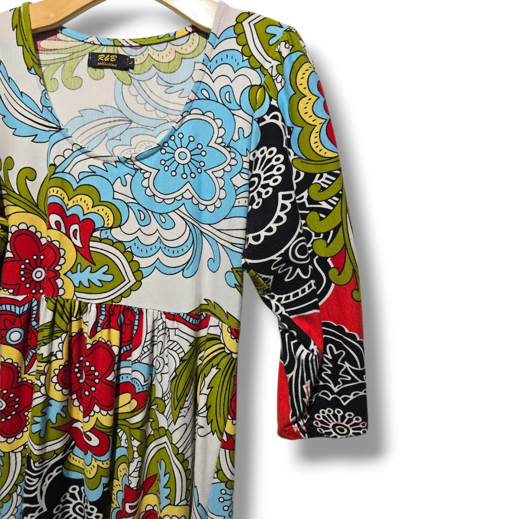 R&B Collection Women's Retro Psychedelic Floral Paisley 3/4 Sleeve Mini Dress