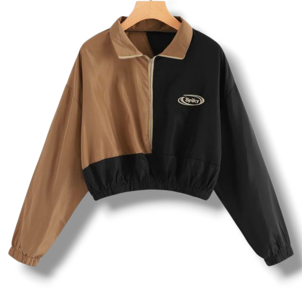 Spiky Two-Tone Black & Brown Cropped Zip Jacket – Size Small