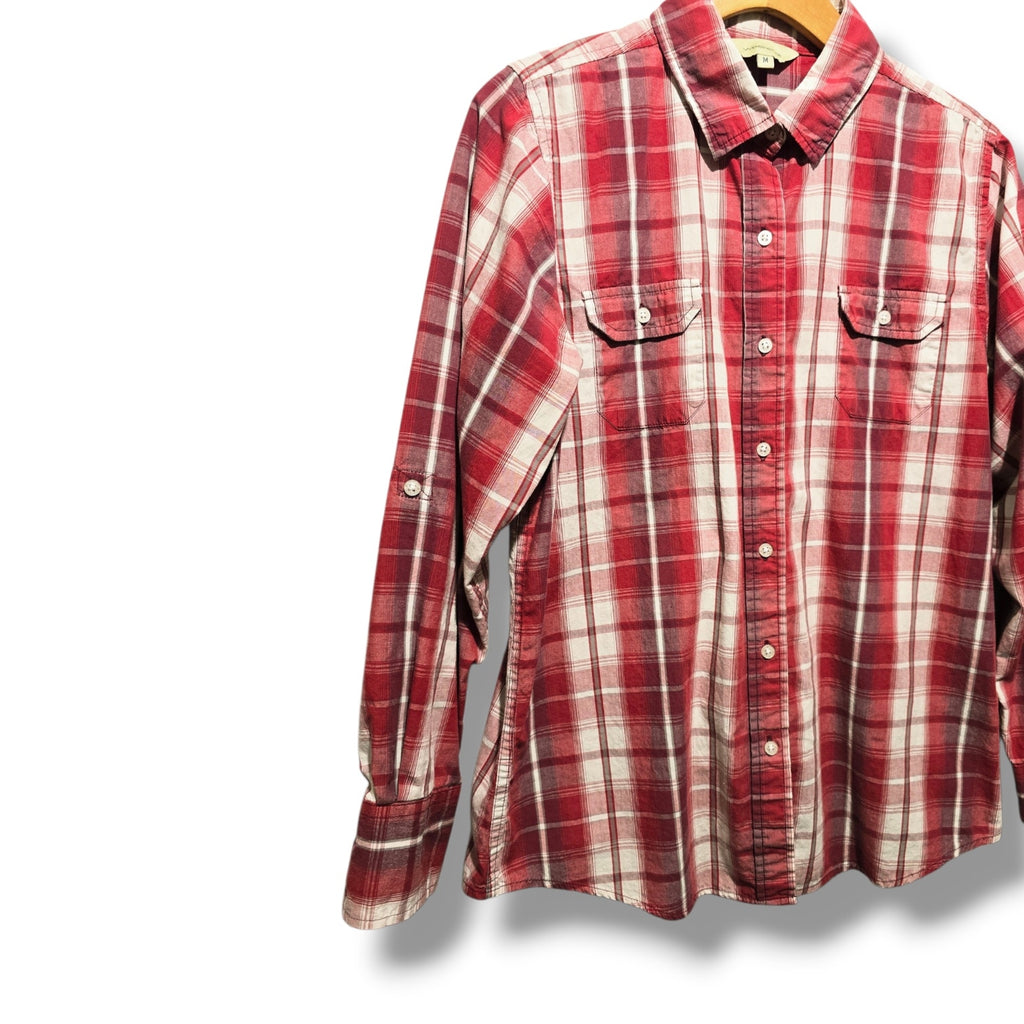 Weekends Women's Size M Red White Plaid Roll-Tab Button Down Shirt