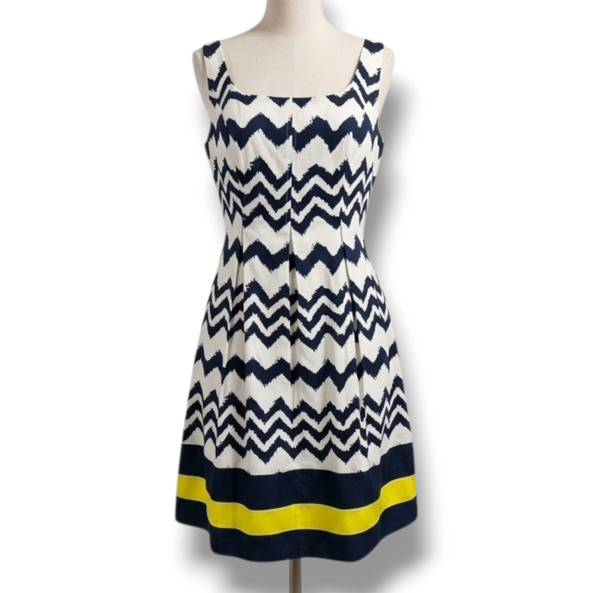 Jones Studio Navy White Chevron Fit & Flare Dress – Size 8, Lined, Zip Back, New