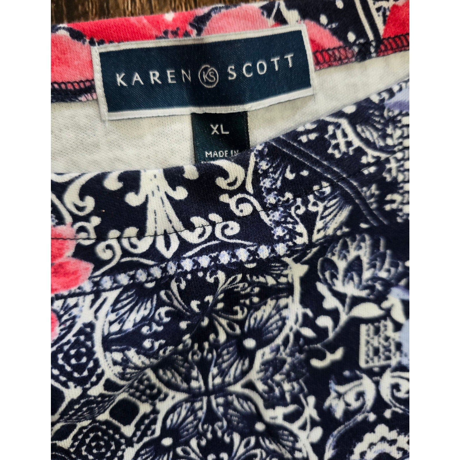 Karen Scott women's Navy & Pink Patchwork Floral Boat Neck Top – Size XL