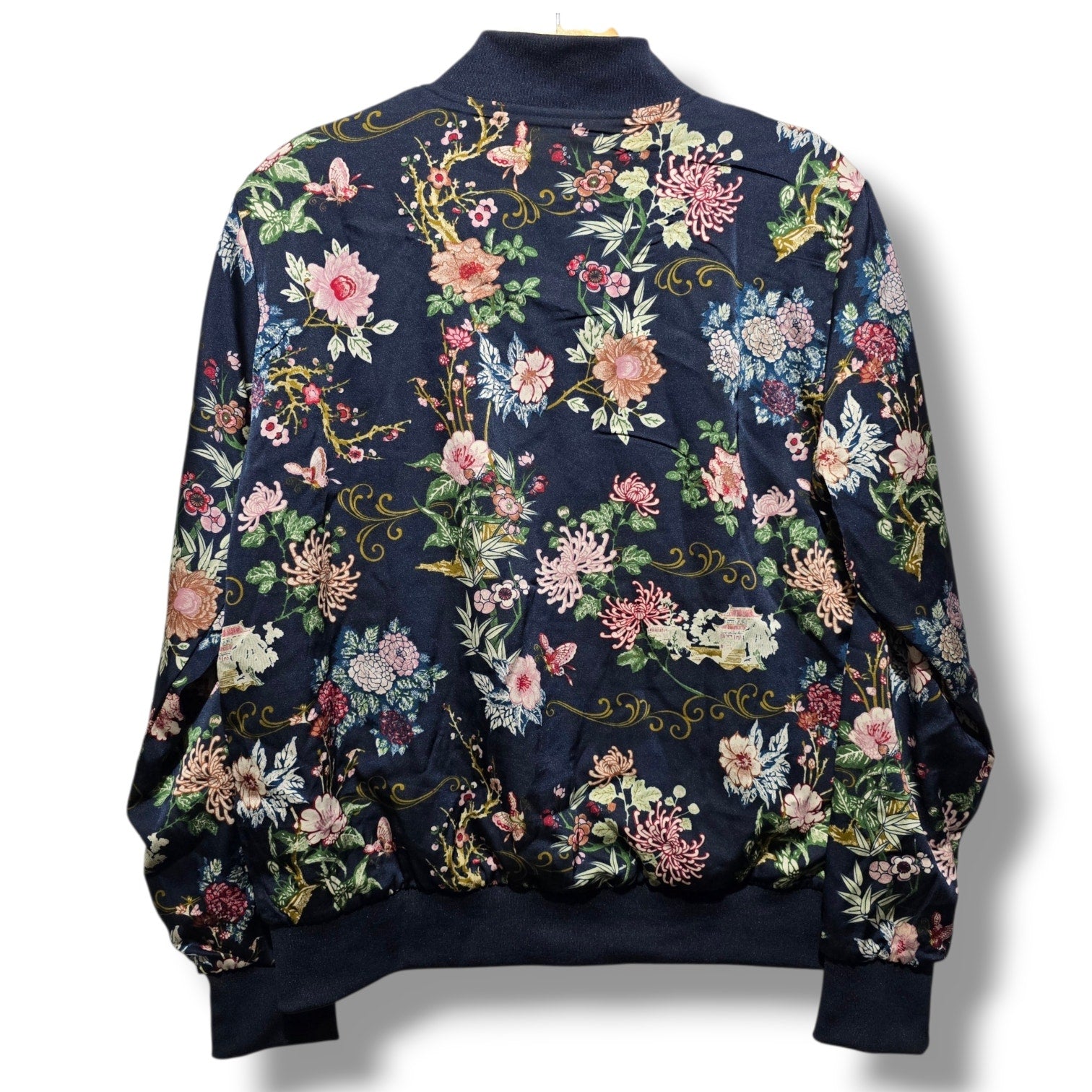 Style Me Women's Size M Navy Blue Asian Floral Butterfly Satin Bomber Jacket