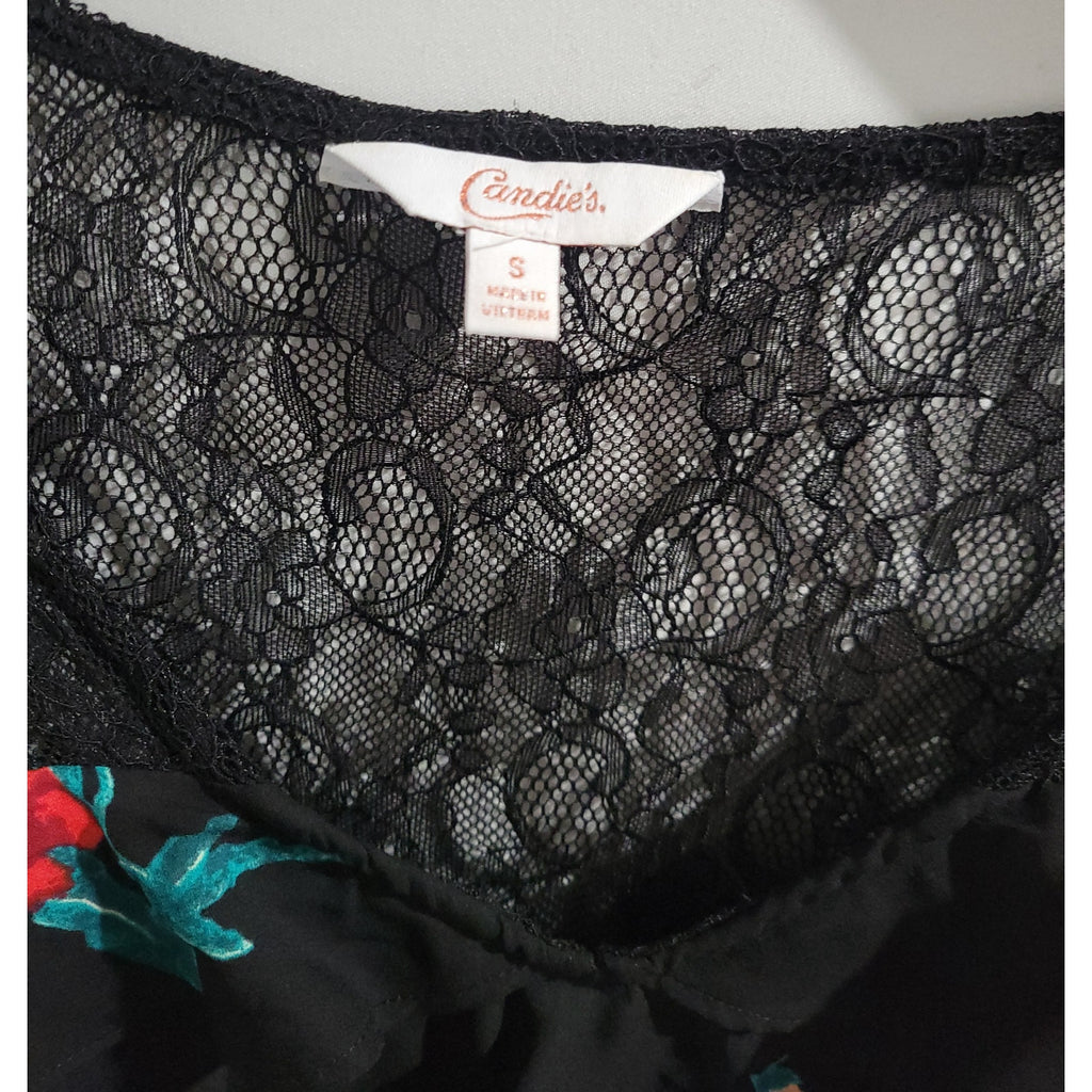 Candie’s Women’s Black Floral Ruffle Lace Blouse – Size Small, Short Sleeve