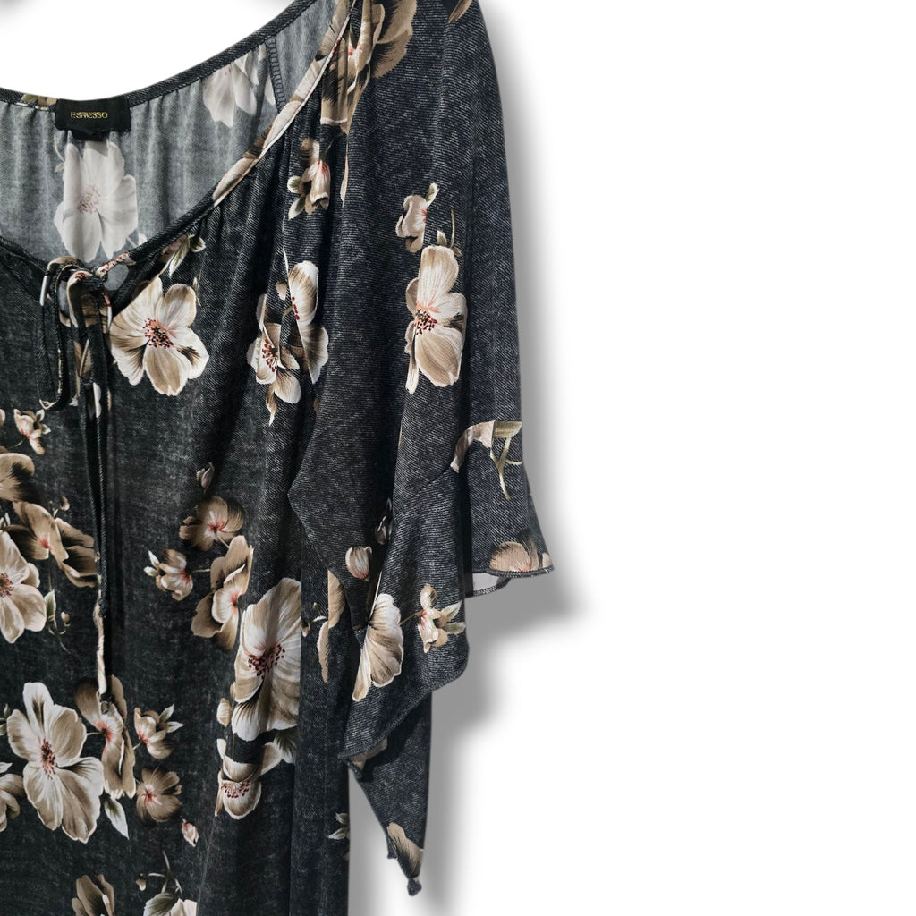 EXPRESSO Floral Flutter Sleeve Lace-Up Blouse XL – Black Beige Stretchy Top