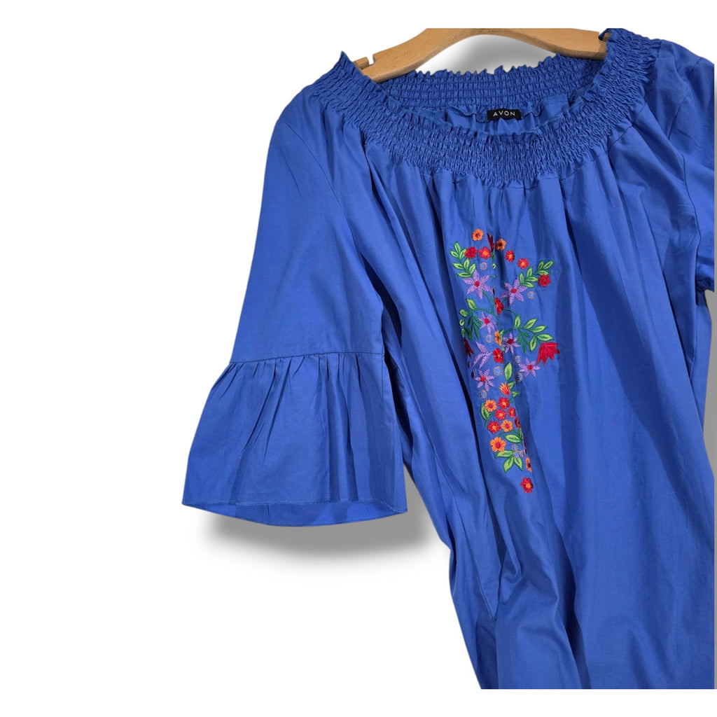 Avon Women’s Blue Boho Embroidered Blouse Large, Cotton Short Sleeve Gently Used