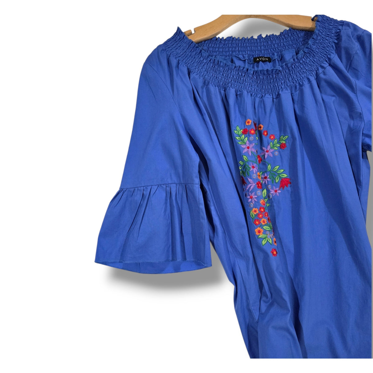 Avon Women’s Blue Boho Embroidered Blouse Large, Cotton Short Sleeve Gently Used
