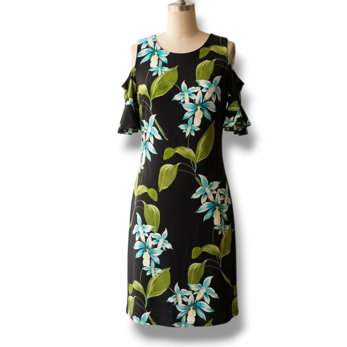 Tommy Hilfiger Black Floral Cold Shoulder Ruffle Sleeve Sheath Dress Size 6