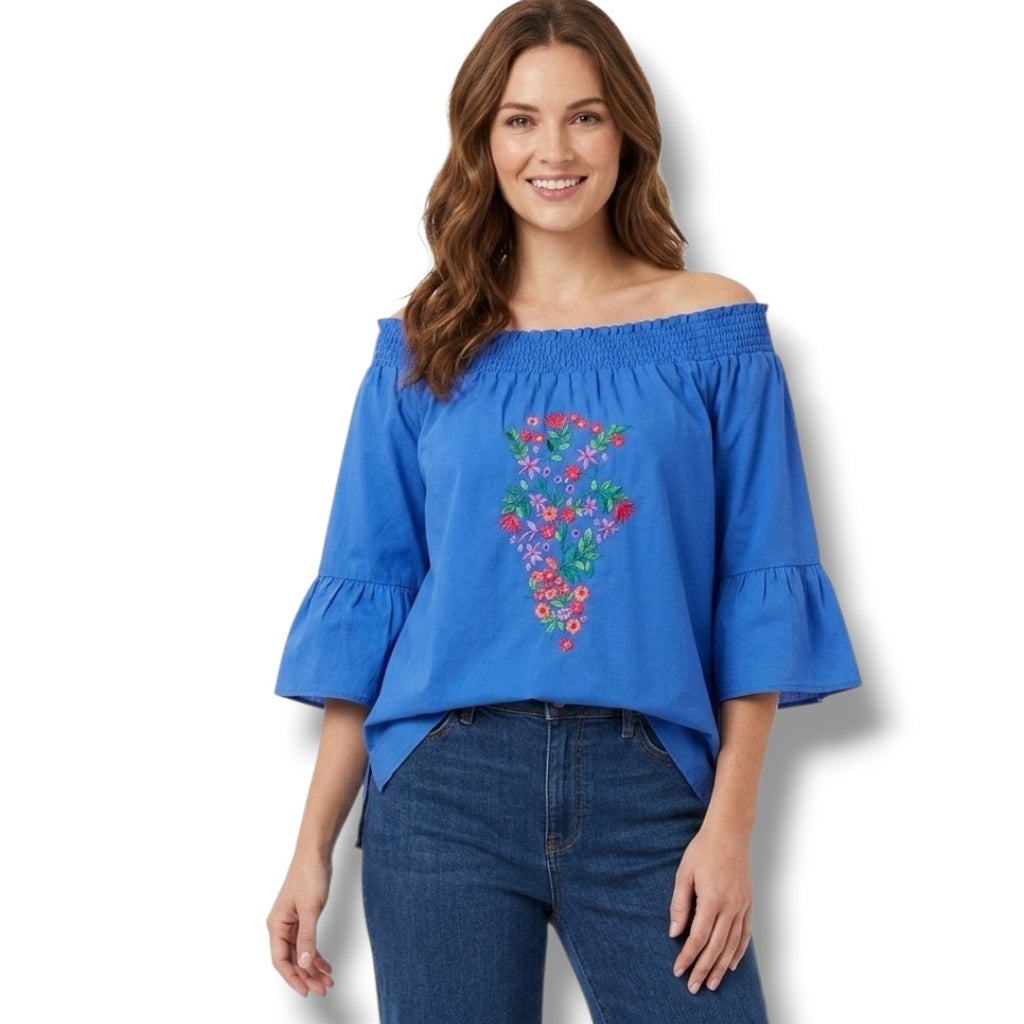 Avon Women’s Blue Boho Embroidered Blouse Large, Cotton Short Sleeve Gently Used