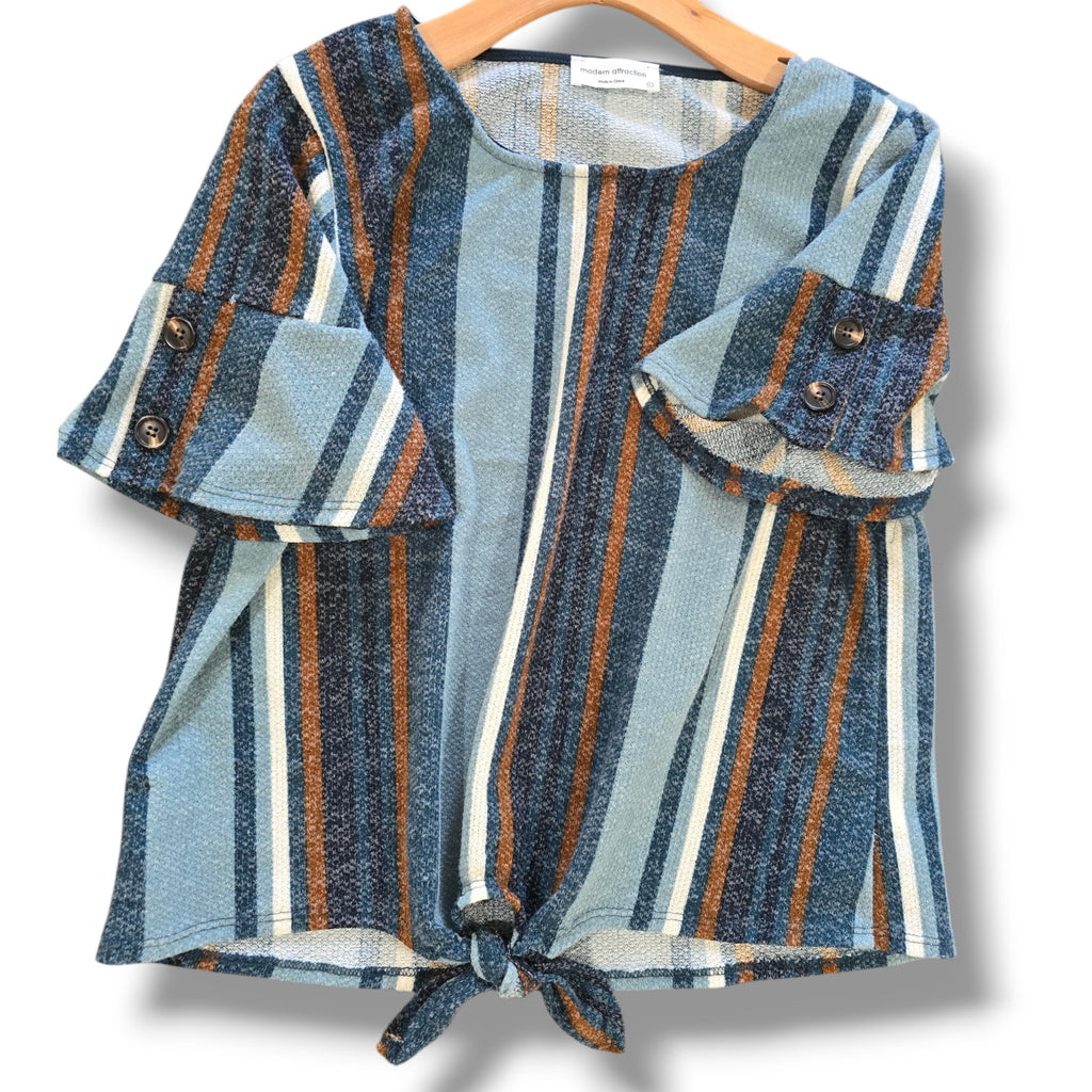Modern Attraction Striped Tie-Front Top Large Blue Brown Flutter Sleeve