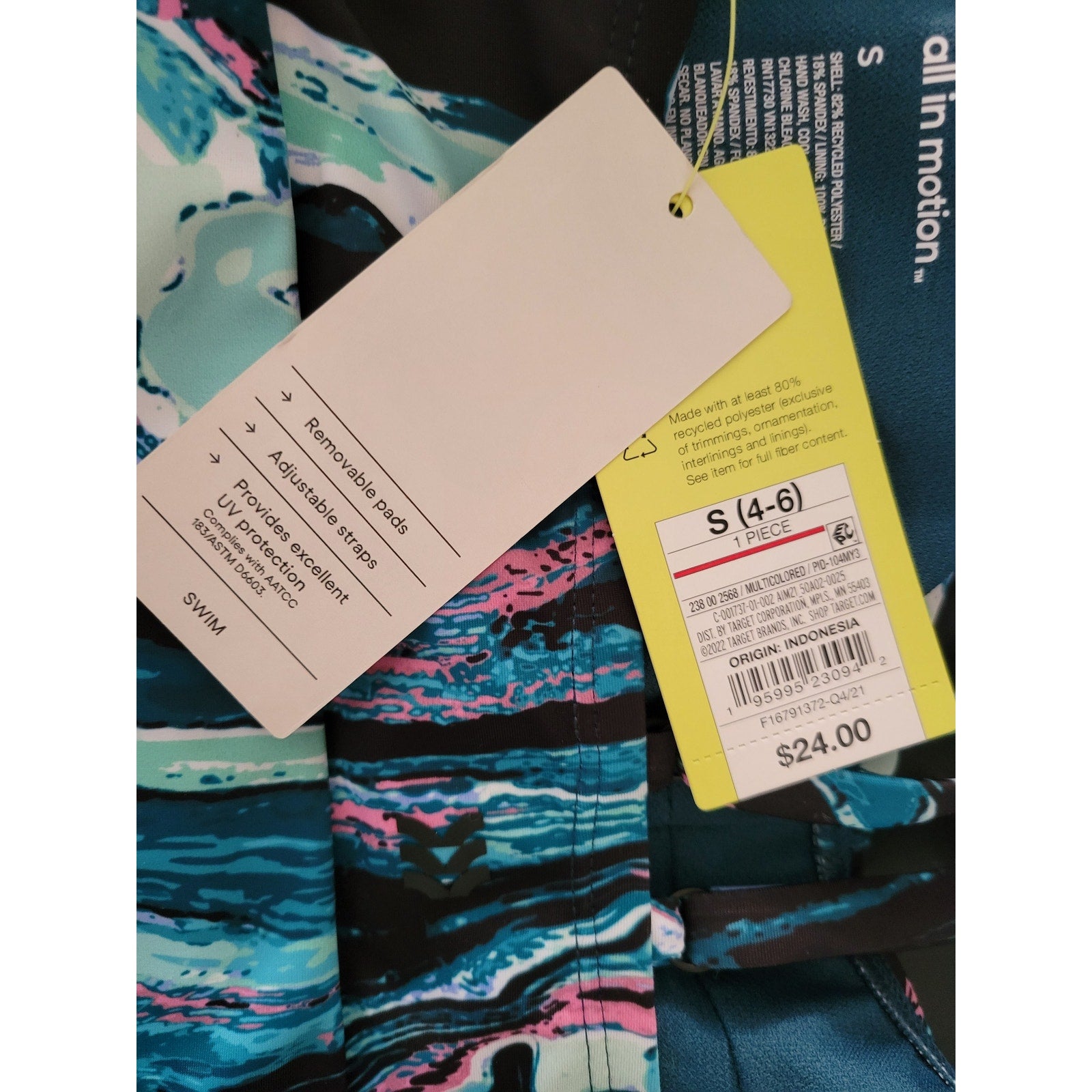 All in Motion Women’s Blue Marble Longline Bikini Swim Top - Small NWT UPF 50+