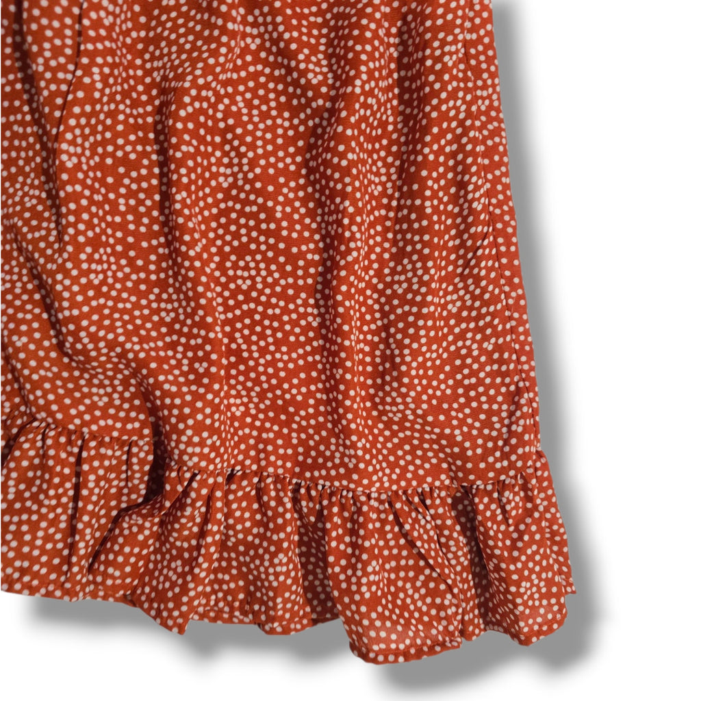 Daytrip Women’s Rust Polka Dot Off-Shoulder Ruffle Mini Dress – Size Small