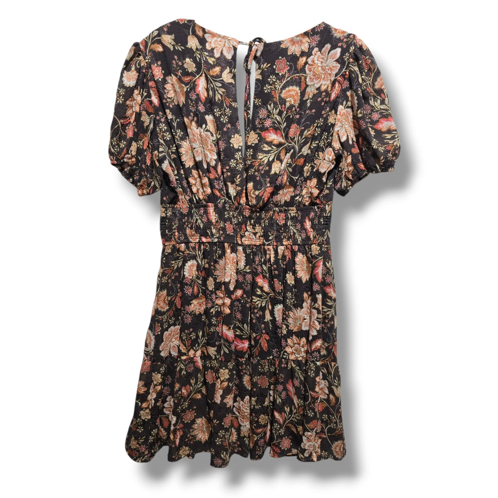 Francesca's Women's Size Medium Brown Boho Floral Puff Sleeve Mini Dress