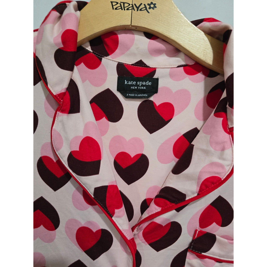 Kate Spade New York Women’s Pink Hearts Sleepwear Small Button Down Pajama Shirt
