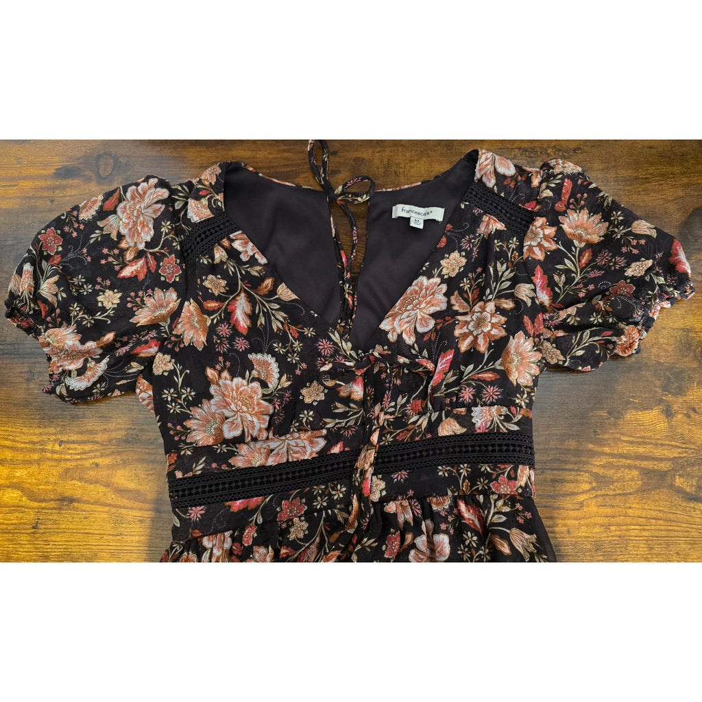 Francesca's Women's Size Medium Brown Boho Floral Puff Sleeve Mini Dress