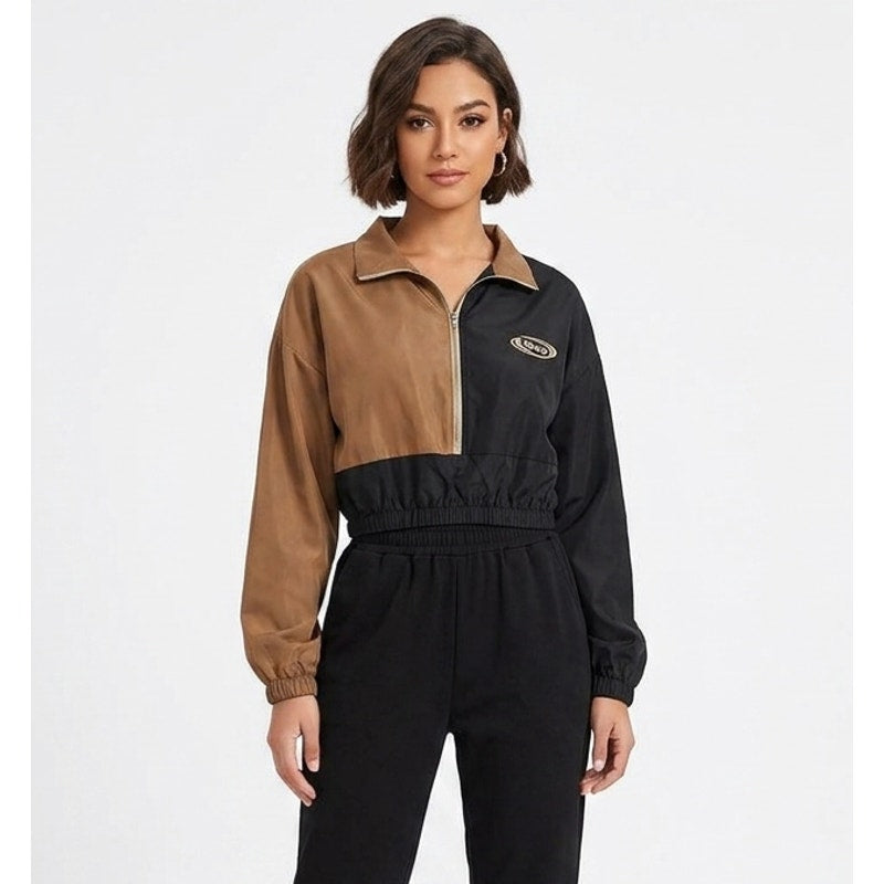 Spiky Two-Tone Black & Brown Cropped Zip Jacket – Size Small