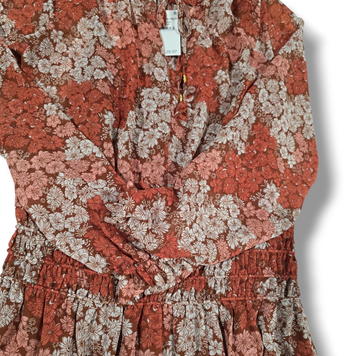 Socialite Floral Long Sleeve Smocked Waist Mini Dress – Rust Brown XS NWT
