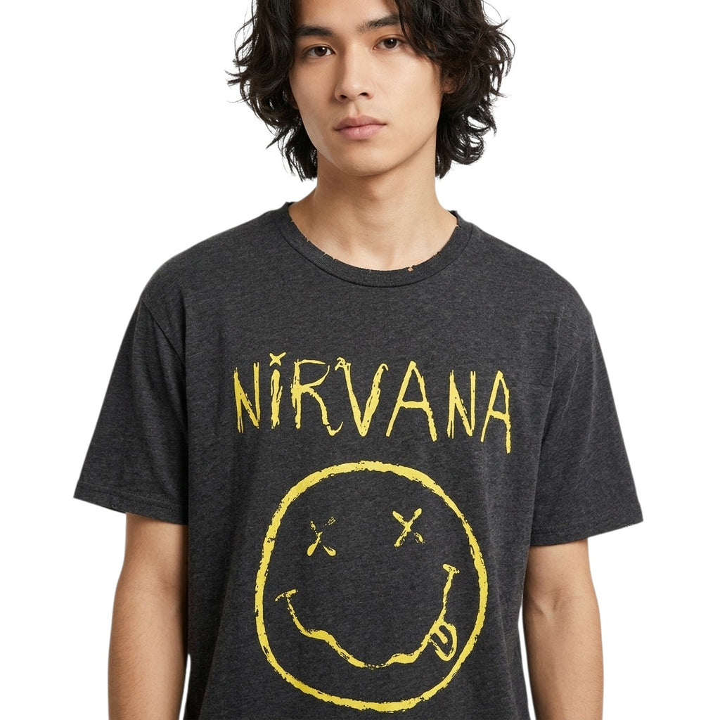 Nirvana "Live '93" Smiley Face Graphic Distressed T-Shirt