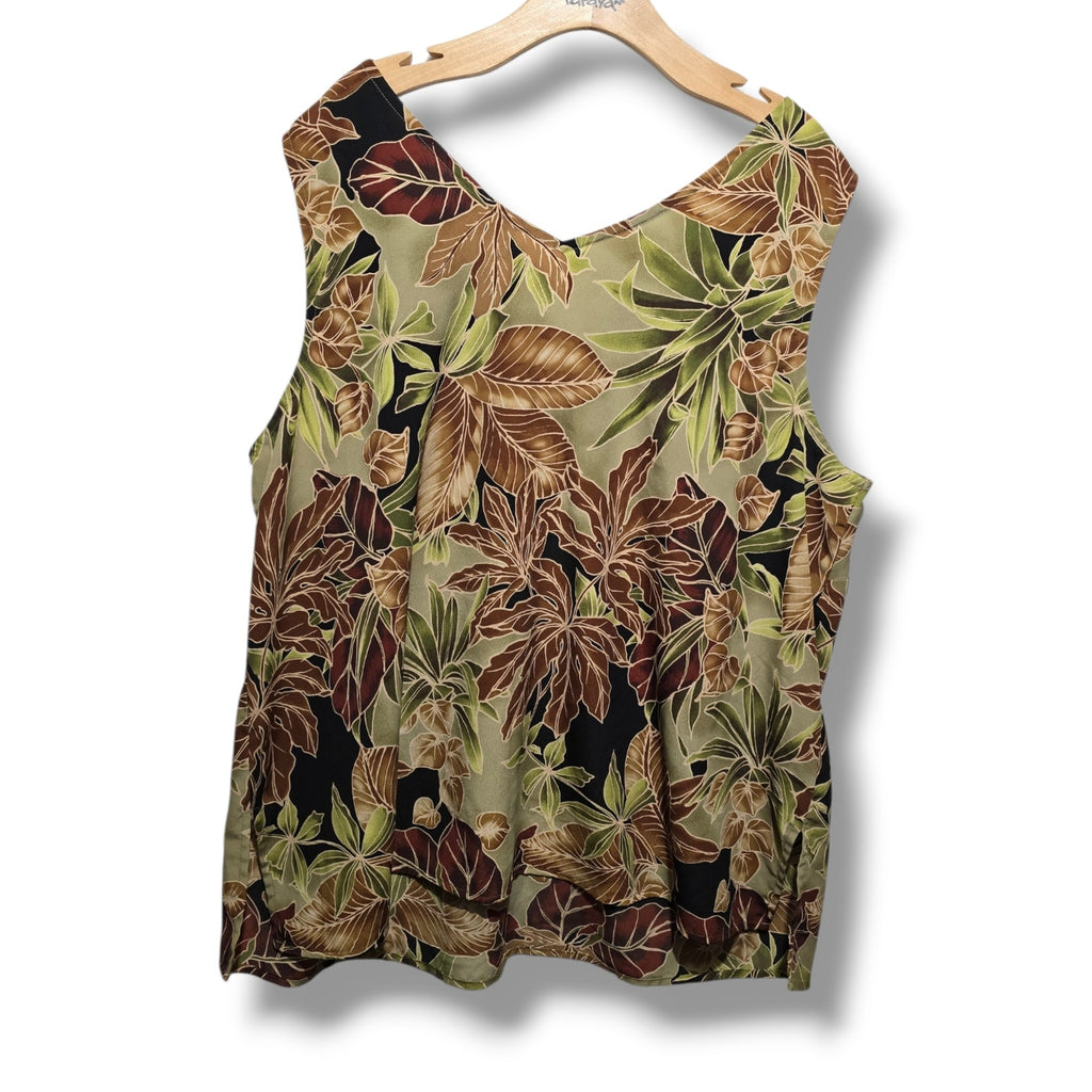 Avenue Women's Size 22/24 Green Brown Tropical Palm Leaf V-Neck Tank Top