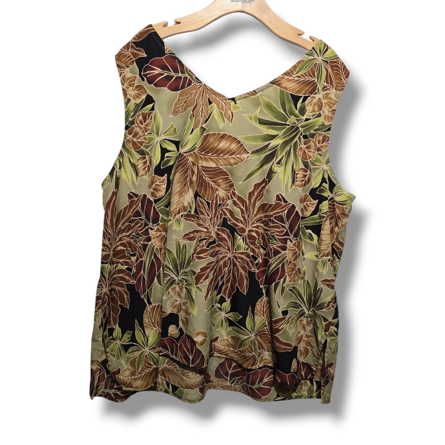 Avenue Women's Size 22/24 Green Brown Tropical Palm Leaf V-Neck Tank Top