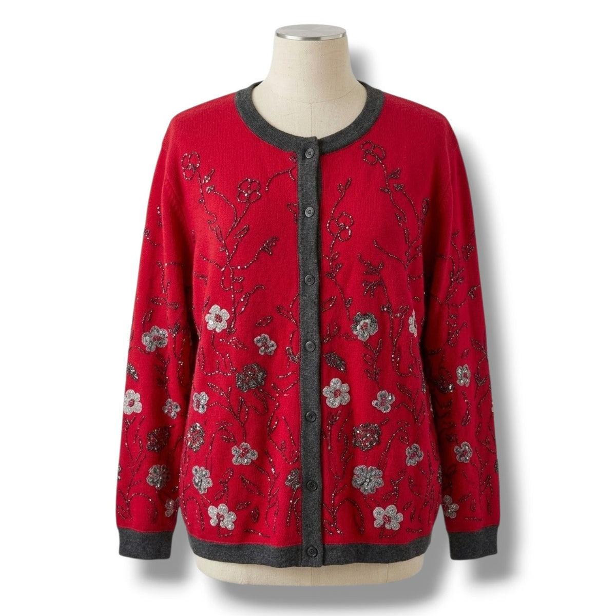 Cathy Daniels Women’s Red Floral Metallic Button-Front Cardigan Sweater – Large