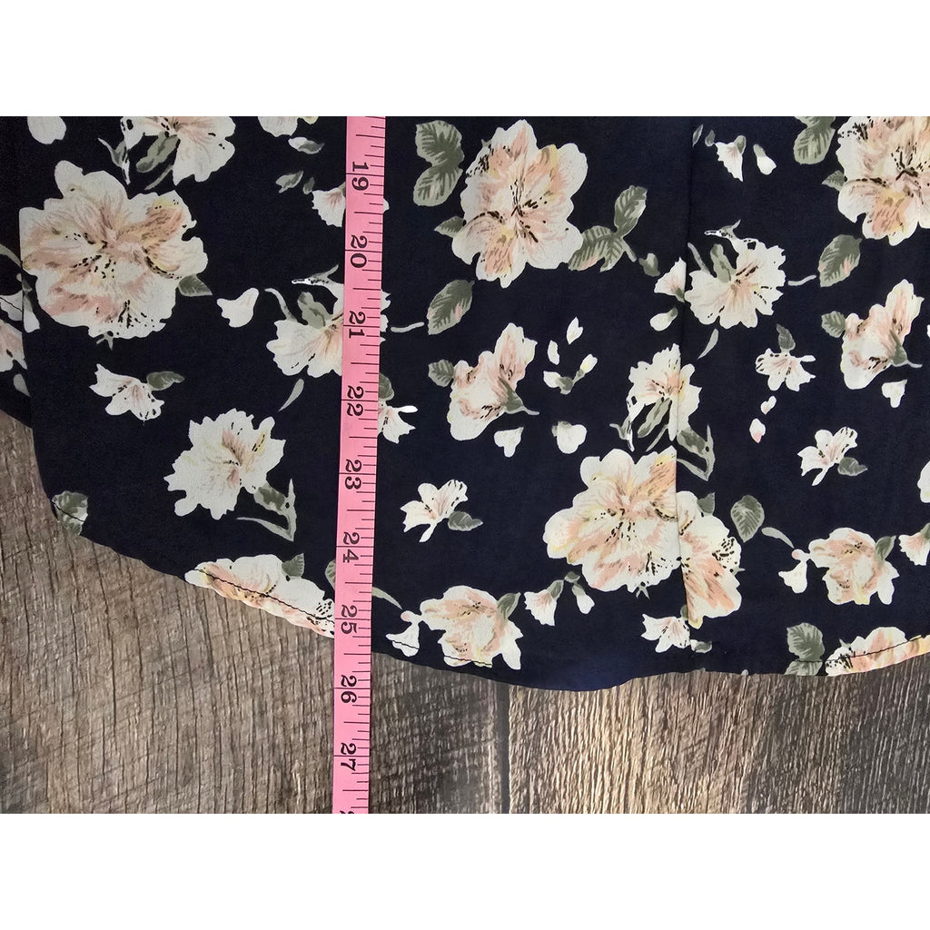 Sienna Sky Women's Size Small Navy Blue Peach Floral Crochet Trim V-Neck Blouse