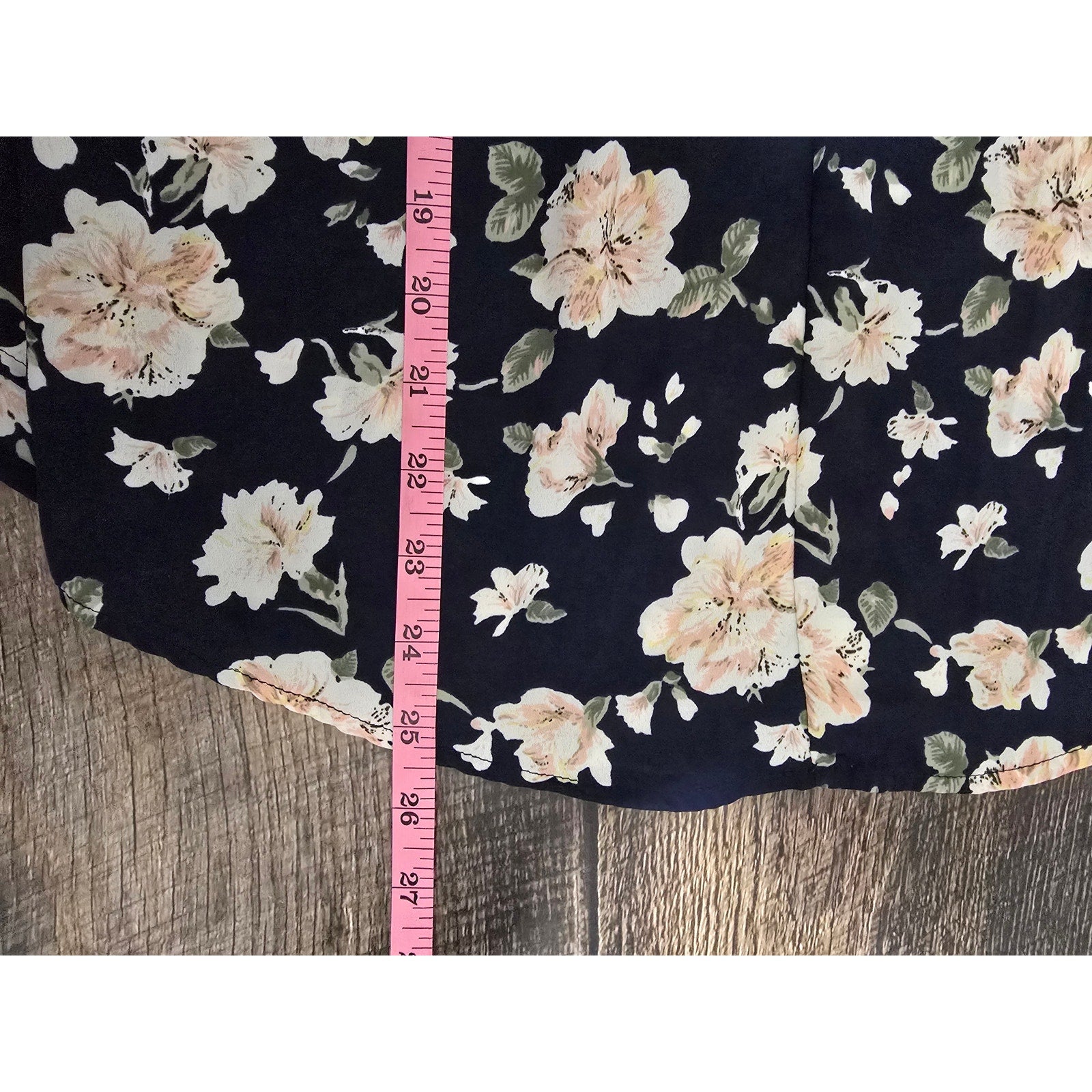 Sienna Sky Women's Size Small Navy Blue Peach Floral Crochet Trim V-Neck Blouse