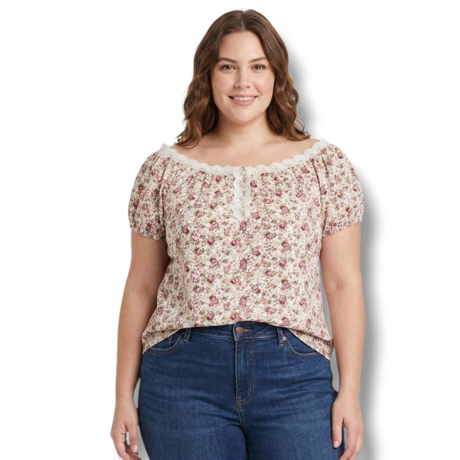 Dressbarn Woman Floral Lace Trim Puff Sleeve Blouse – Size 18/20 Made in USA