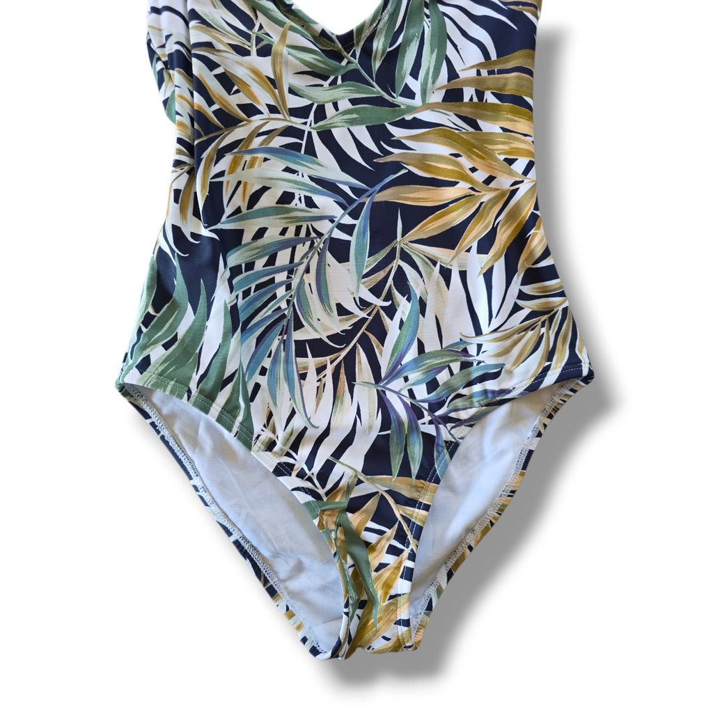 HURLEY women's Tropical Palm Leaf One Piece Swimsuit XS Blue Green Cross Back