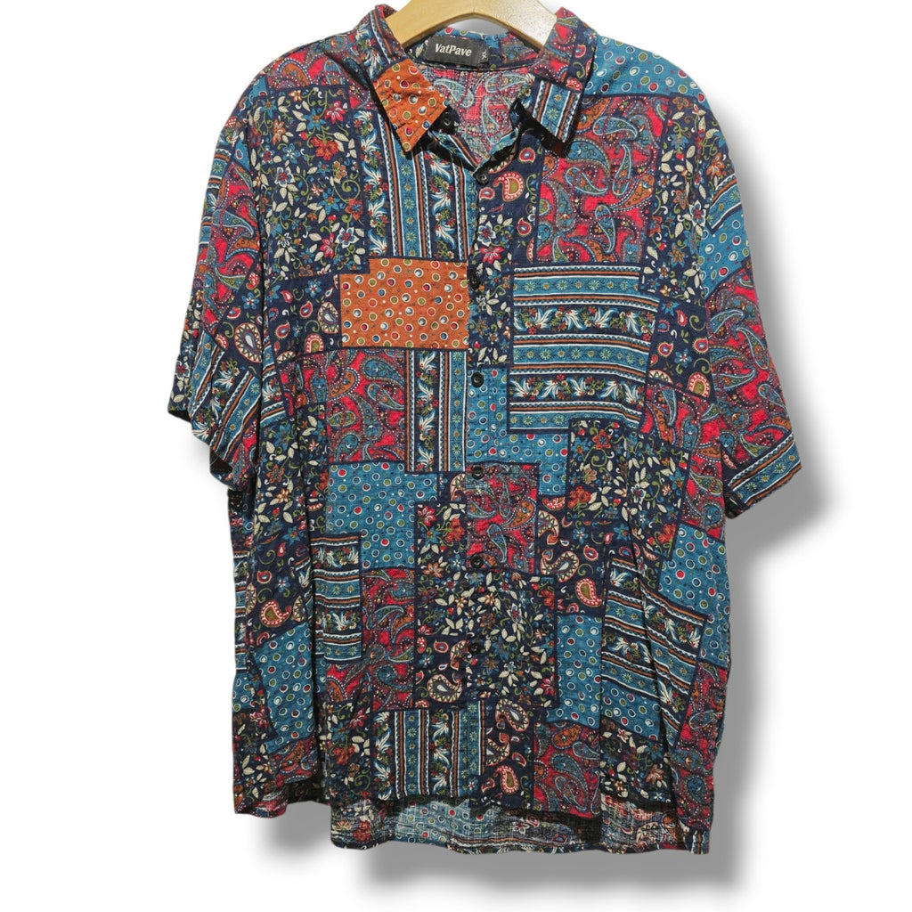VatPave Men's XL Patchwork Paisley Floral Short Sleeve Button Down Shirt