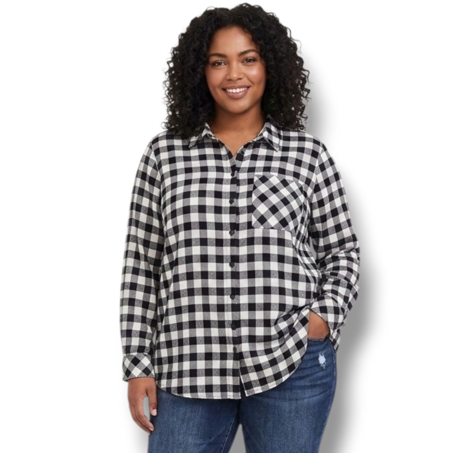 Torrid Size 3 Black White Buffalo Plaid Button Down Flannel Shirt Plus Size