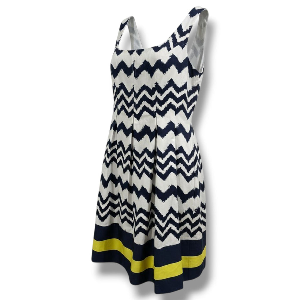 Jones Studio Navy White Chevron Fit & Flare Dress – Size 8, Lined, Zip Back, New