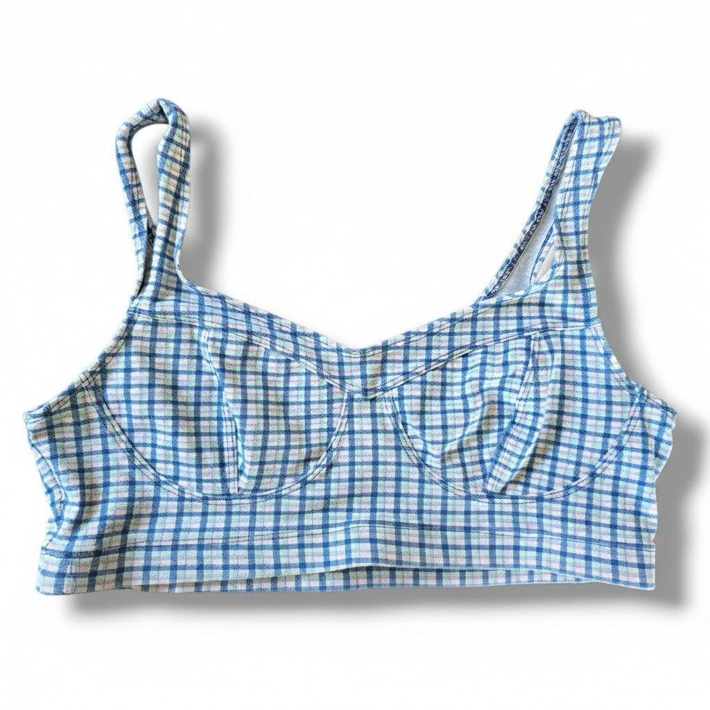 KATHY IRELAND Vintage Plaid Swim Top Large Blue White Gingham Bikini Crop