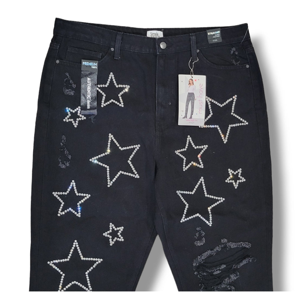 NWT Simple Society Black Rhinestone Star Jeans Juniors 17/33 High Rise Straight