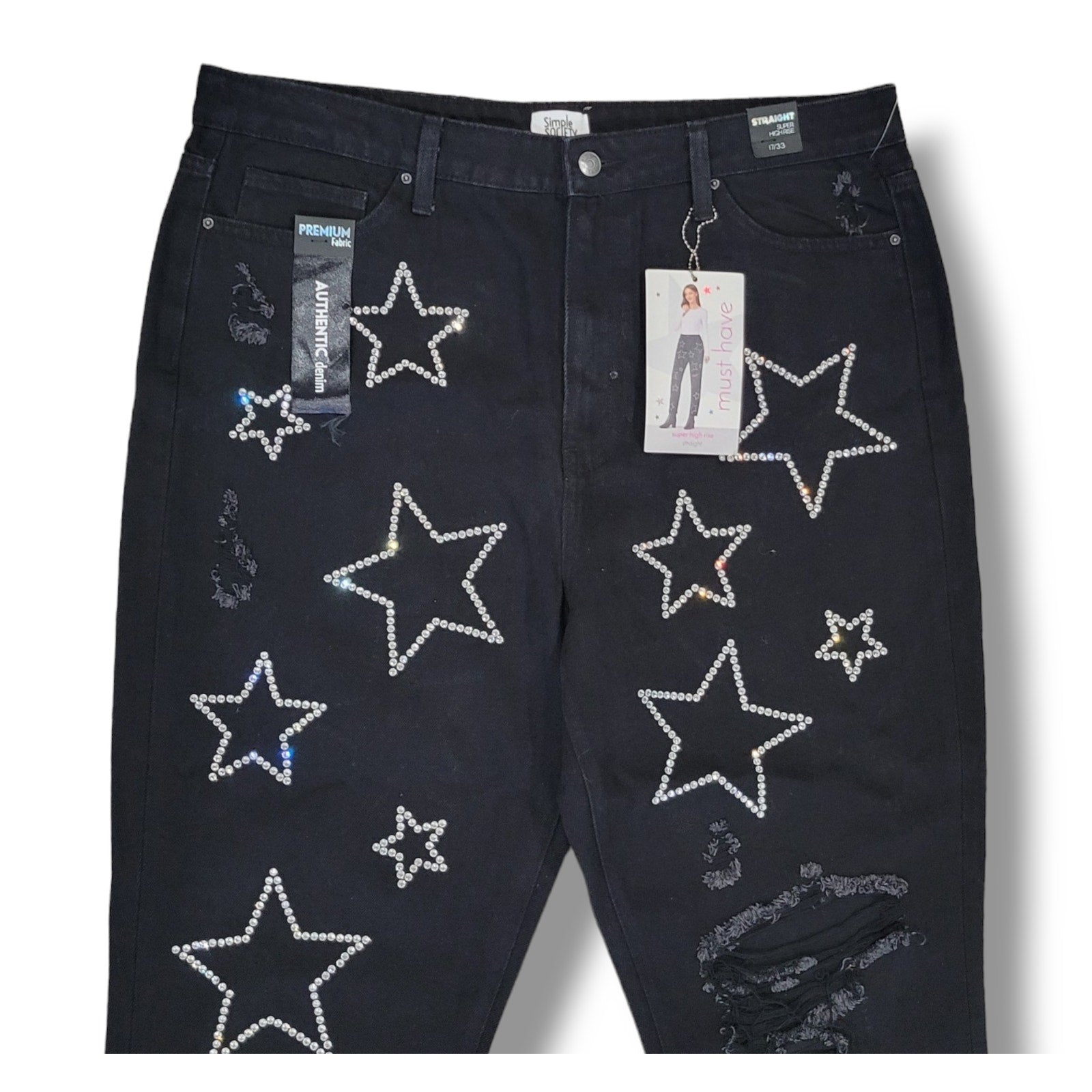 NWT Simple Society Black Rhinestone Star Jeans Juniors 17/33 High Rise Straight
