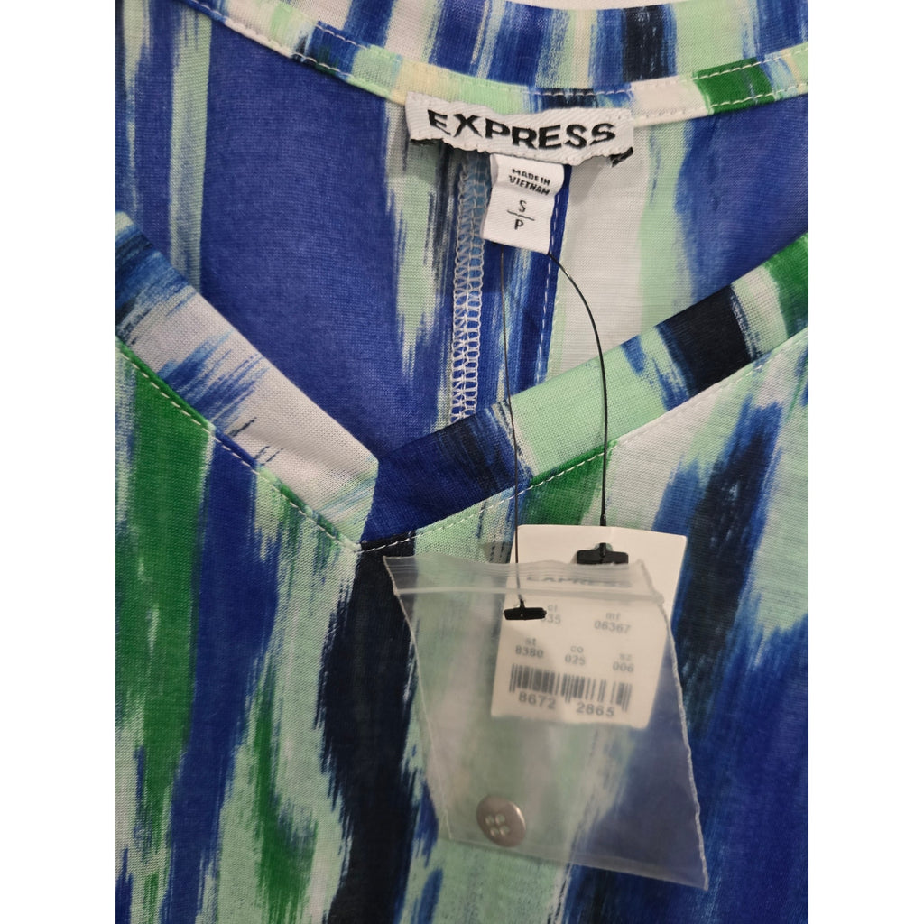 Express Blue & Green Ikat Print Button-Back V-Neck Blouse – Small NWT