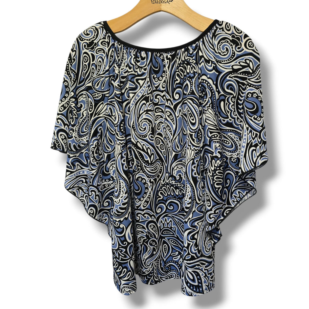 Notations Women’s Blue Black Paisley Print Blouse Medium Beaded Keyhole Top